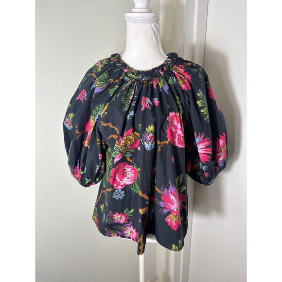 RHODE Black Floral Half Puff Sleeve Organic Cotton Shirt Sz S - Picture 1 of 4